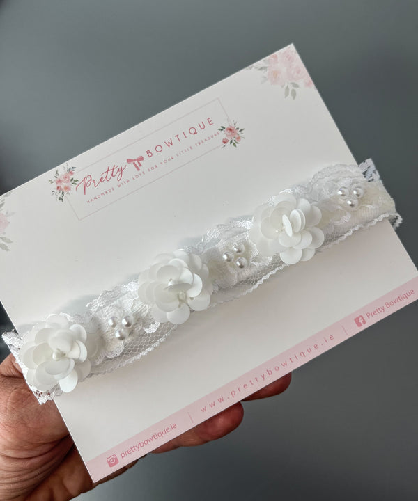 White Lace, flower and bead headband