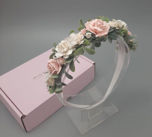 Soft pink & Ivory Flower Headband with extra Leaves
