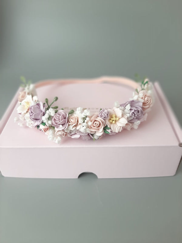 Pink, lilac & Babys breath Flower Headband