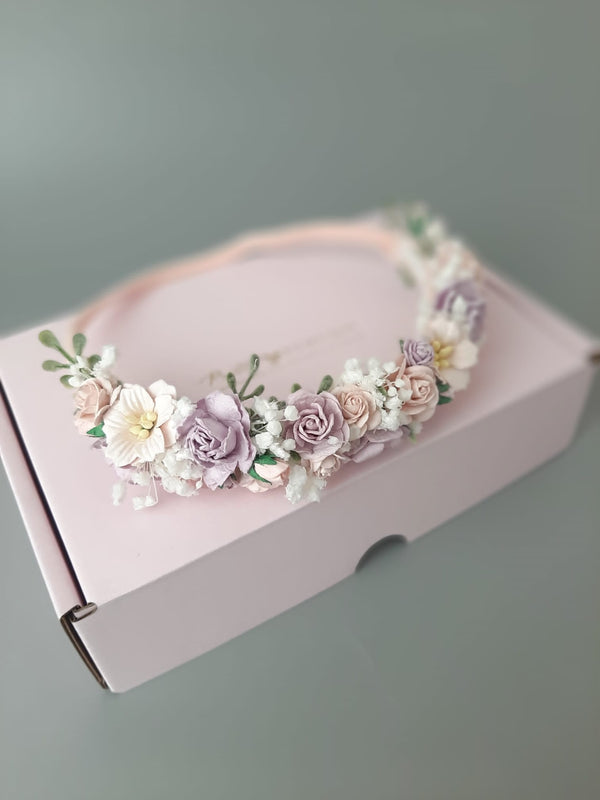 Pink, lilac & Babys breath Flower Headband