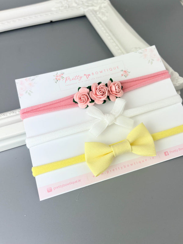 Pink Flower and Bows Headband Trio