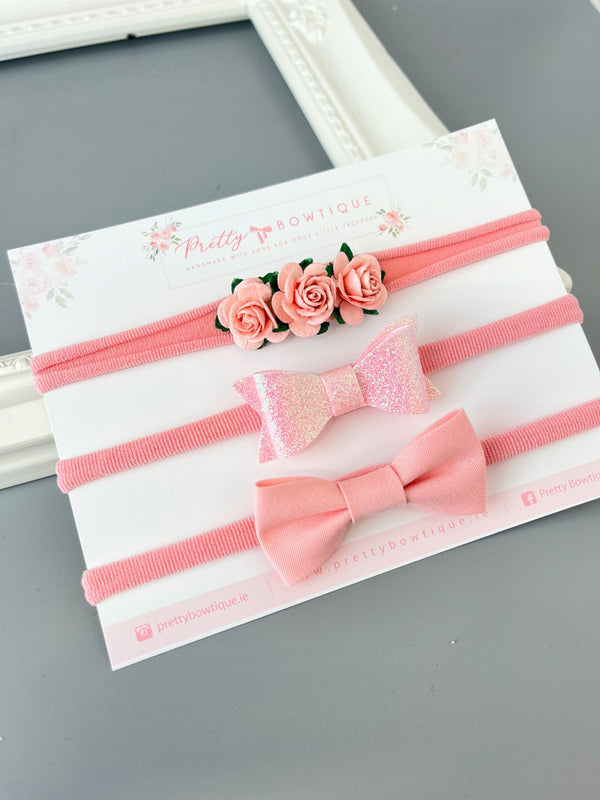 Pink flower & Bow Headband Trio