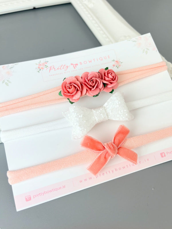 Coral flower and Bow Headband Trio
