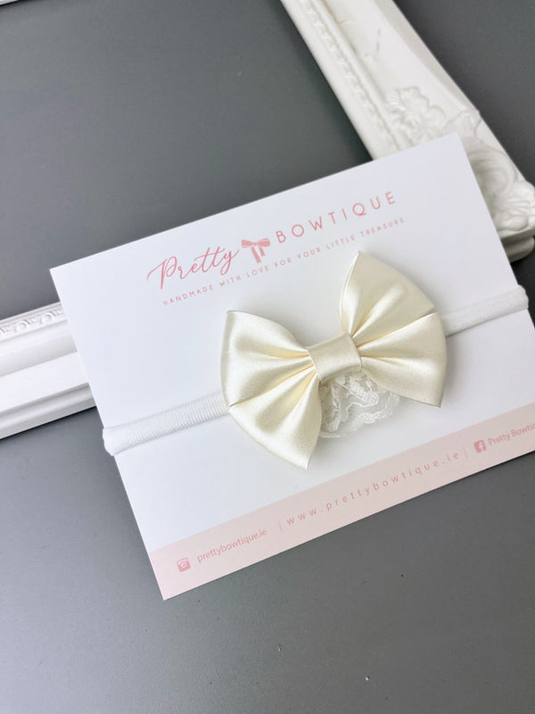 Ivory Double Satin Bow & Lace  Headband