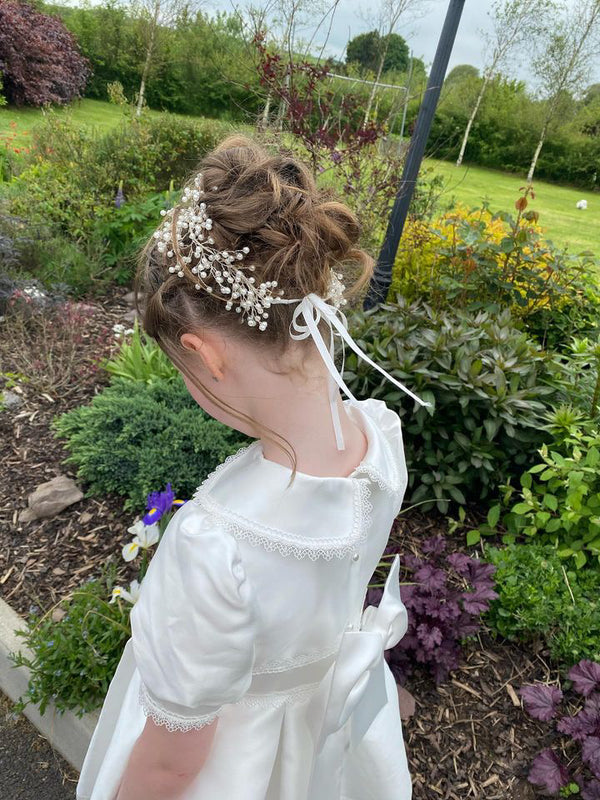Communion Headpiece , irish communion, irish designer, 1st holy communion headpiece, handmade communion headpiece ireland, communion headpiece girl, communion headpiece ideas, first communion headpiece, holy communion headpiece,  best communion headpiece ireland, communion headpiece with ribbon, IVORY COMMUNION HEADPIECE, IVORY PEARL HEADPIECE