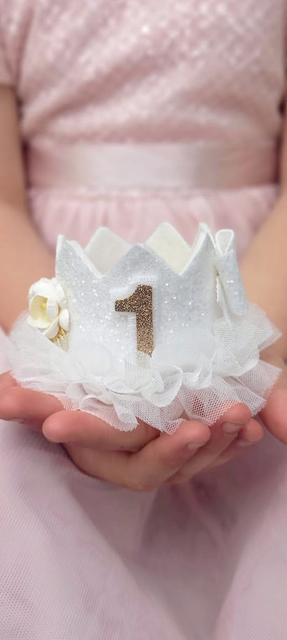 White Glitter Birthday Crown with White Tulle
