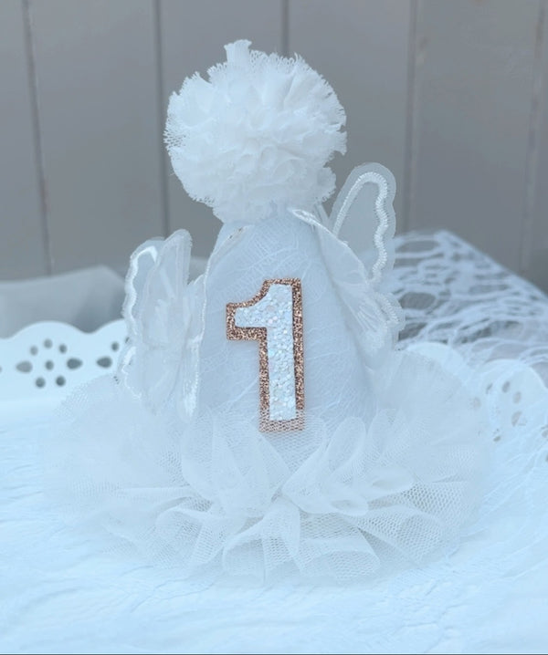 white butterfly party hat, white party hat, butterfly hat, lace white party hat, toddler party hat, 1st birthday party hat, 1st birthday,