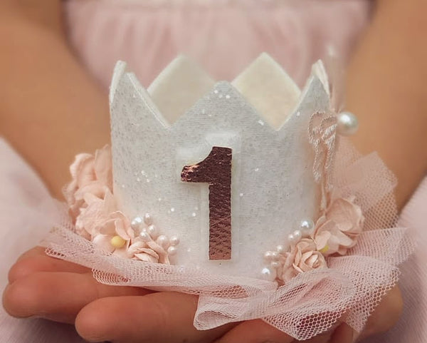 White Glitter Birthday Crown with soft pink tulle