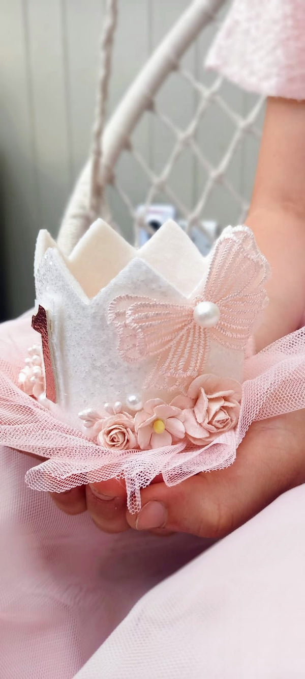 White Glitter Birthday Crown with soft pink tulle