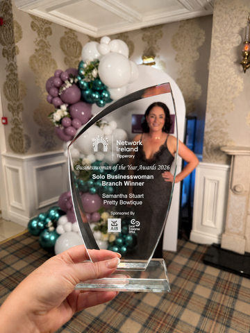 Pretty Bowtique founder Samantha Stuart celebrating her Solo Businesswoman of the Year 2026 win.