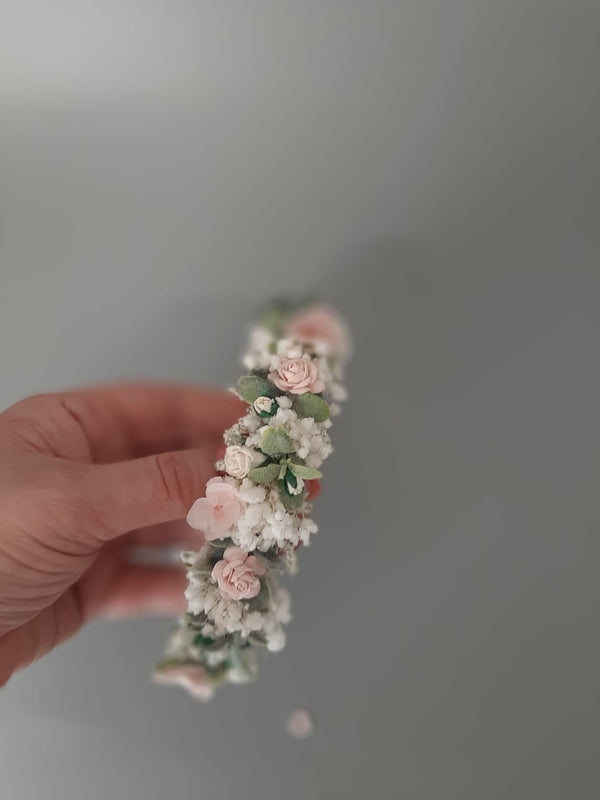 White, Pink  & Babys Breath Flowers on a soft Headband