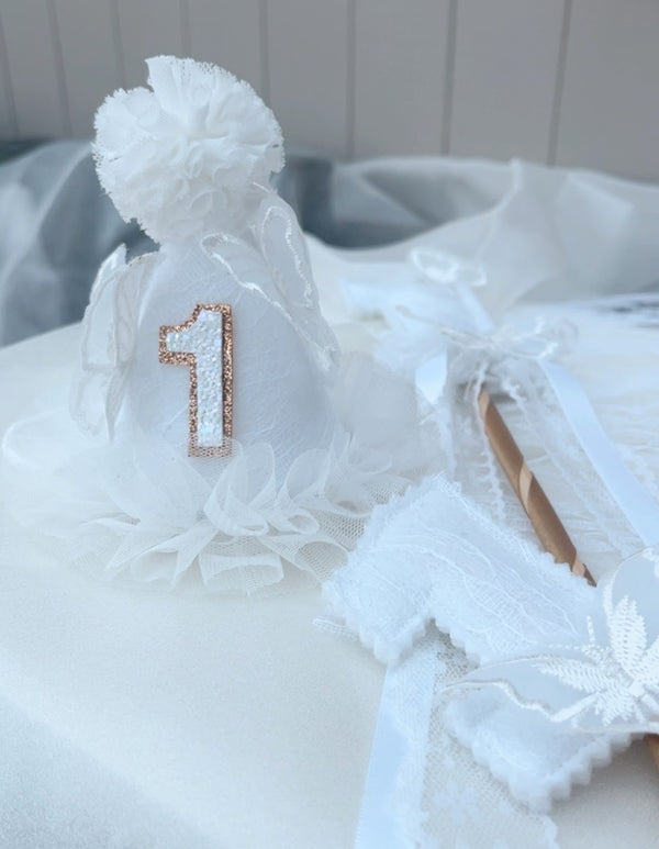 white butterfly party hat, white party hat, butterfly hat, lace white party hat, toddler party hat, 1st birthday party hat, 1st birthday, white birthday cake number, cake number, butterfly cake number, 
