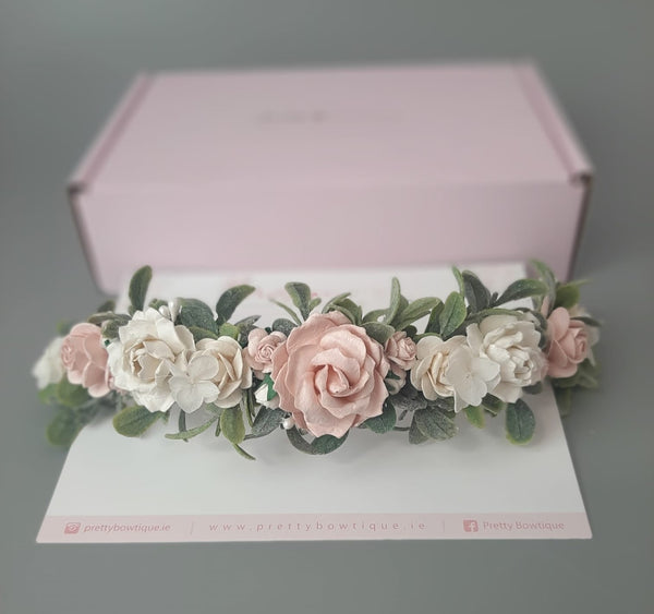 Soft pink & Ivory Flower Headband with extra Leaves