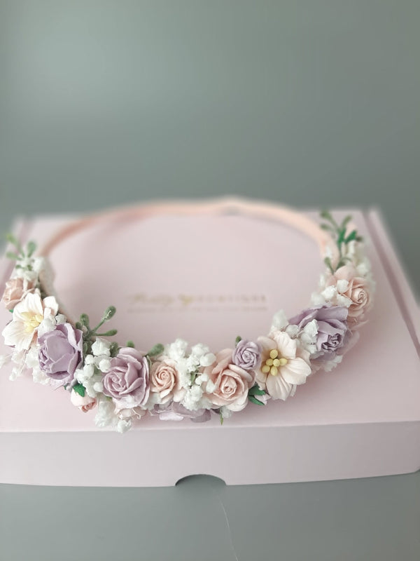 Pink, lilac & Babys breath Flower Headband
