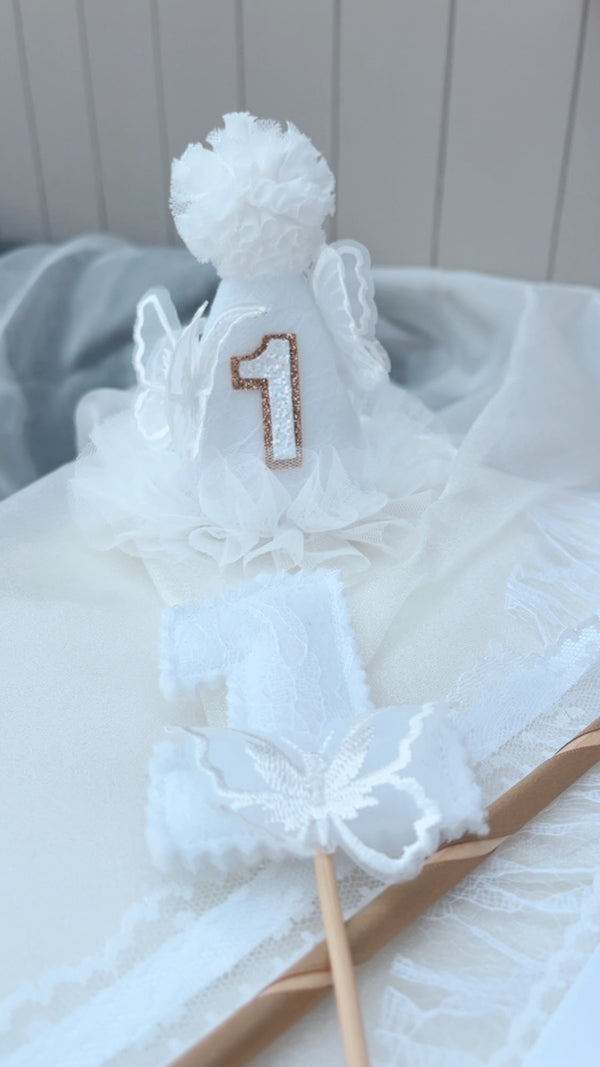 white butterfly party hat, white party hat, butterfly hat, lace white party hat, toddler party hat, 1st birthday party hat, 1st birthday, white birthday cake number, cake number, butterfly cake number, 