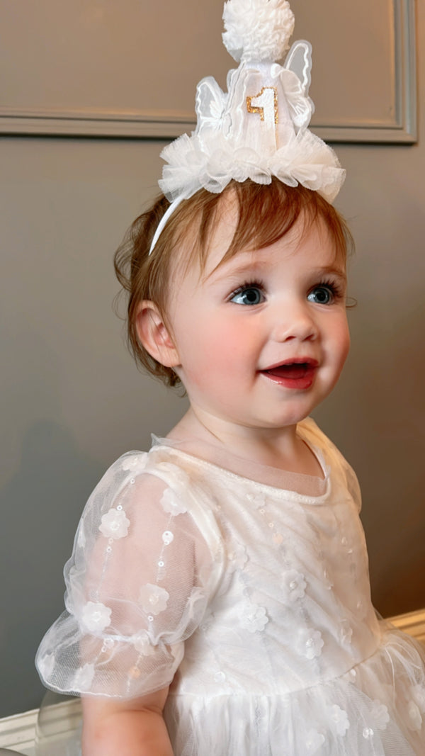 white butterfly party hat, white party hat, butterfly hat, lace white party hat, toddler party hat, 1st birthday party hat, 1st birthday, white birthday cake number, cake number, butterfly cake number, 