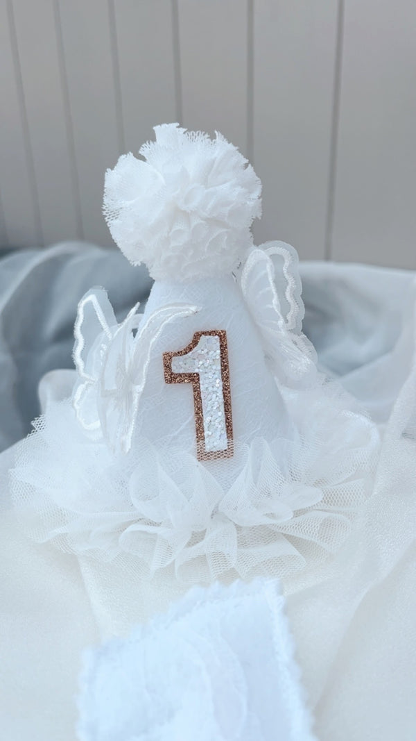 white butterfly party hat, white party hat, butterfly hat, lace white party hat, toddler party hat, 1st birthday party hat, 1st birthday, white birthday cake number, cake number, butterfly cake number, 