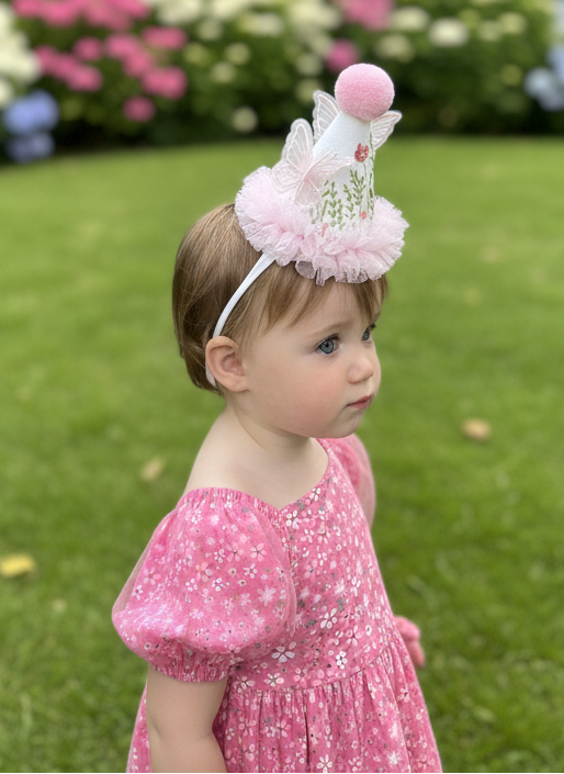 flower party hat , flower and butterfly party hat, toddler party hat, birthday hat, 1st birthdasy hat, butterfly party hat, handmade party hat, 1st birthday party hat,