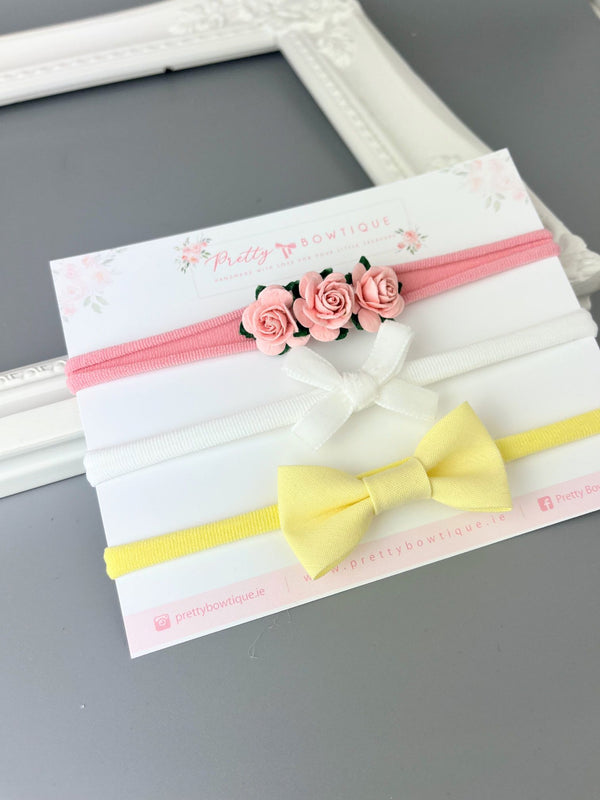 Pink Flower and Bows Headband Trio