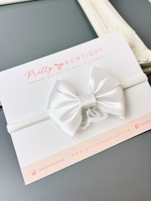 White Double Satin Bow & Lace Headband