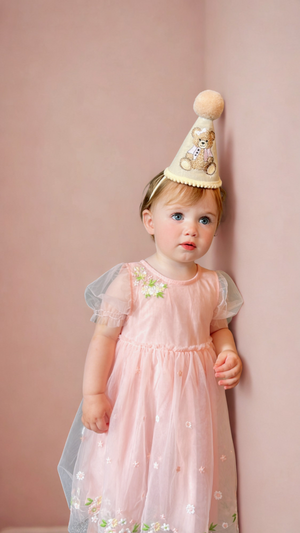 bear party hat, pink bear party hat, toddler party hat, keepsake party hat, party hat ireland, 1st birthday, ist birthday party hat, cream party hat, 