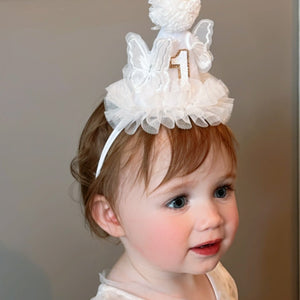 white butterfly party hat, white party hat, butterfly hat, lace white party hat, toddler party hat, 1st birthday party hat, 1st birthday, white birthday cake number, cake number, butterfly cake number, 