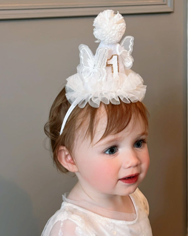 white butterfly party hat, white party hat, butterfly hat, lace white party hat, toddler party hat, 1st birthday party hat, 1st birthday, white birthday cake number, cake number, butterfly cake number, 