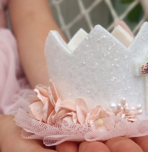 White Glitter Birthday Crown with soft pink tulle